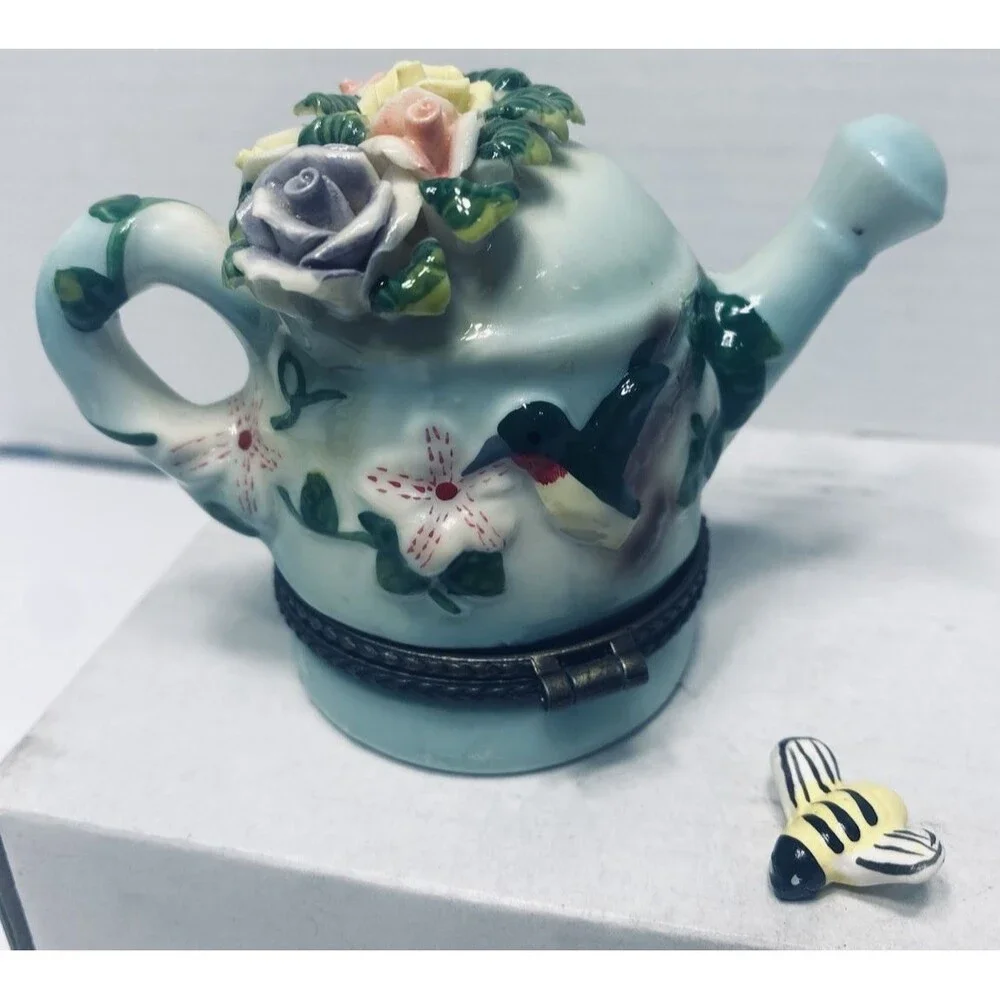 Vintage Porcelain Hinged Trinket Box Watering Can Hummingbird BumbleBee Flowers
